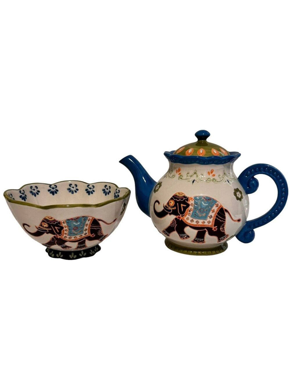 NEW Dutch Wax Anthropologie Ceramic Teapot Floral Elephant with Bowl Embossed